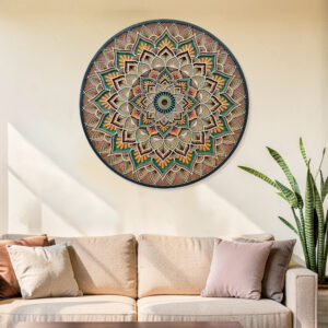 Round 3D mandala wall art with colourful layered geometric patterns, front view