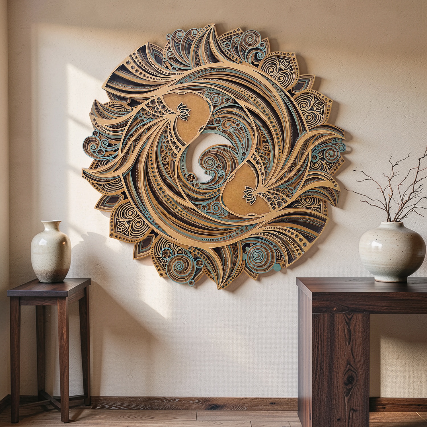 Twin Koi Harmony – 3D Multi-Layered Wooden Mandala Wall Art - Image 2