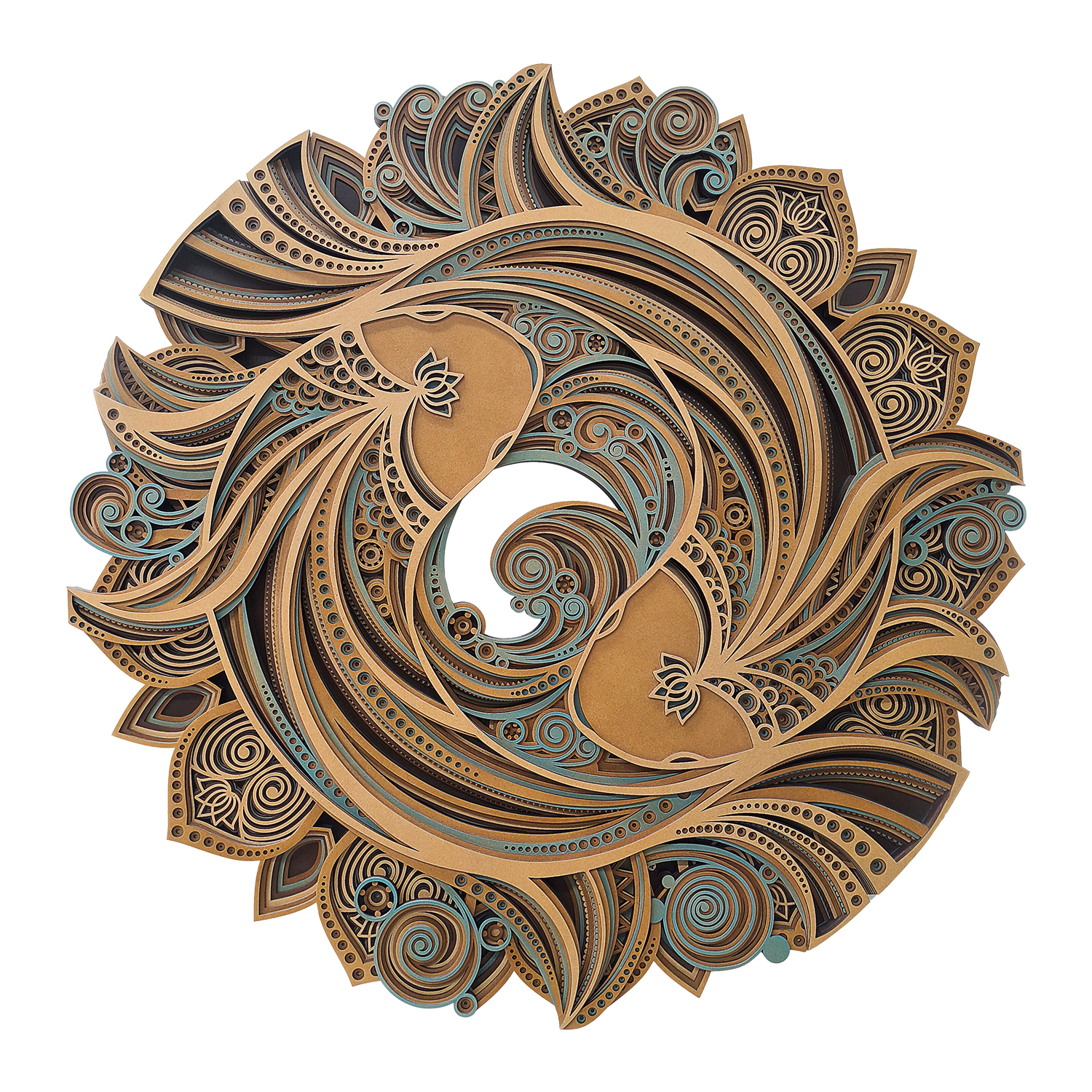 Twin Koi Harmony – 3D Multi-Layered Wooden Mandala Wall Art - Image 3