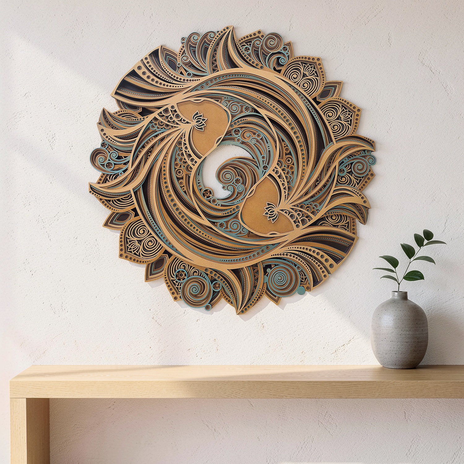 Twin Koi Harmony – 3D Multi-Layered Wooden Mandala Wall Art