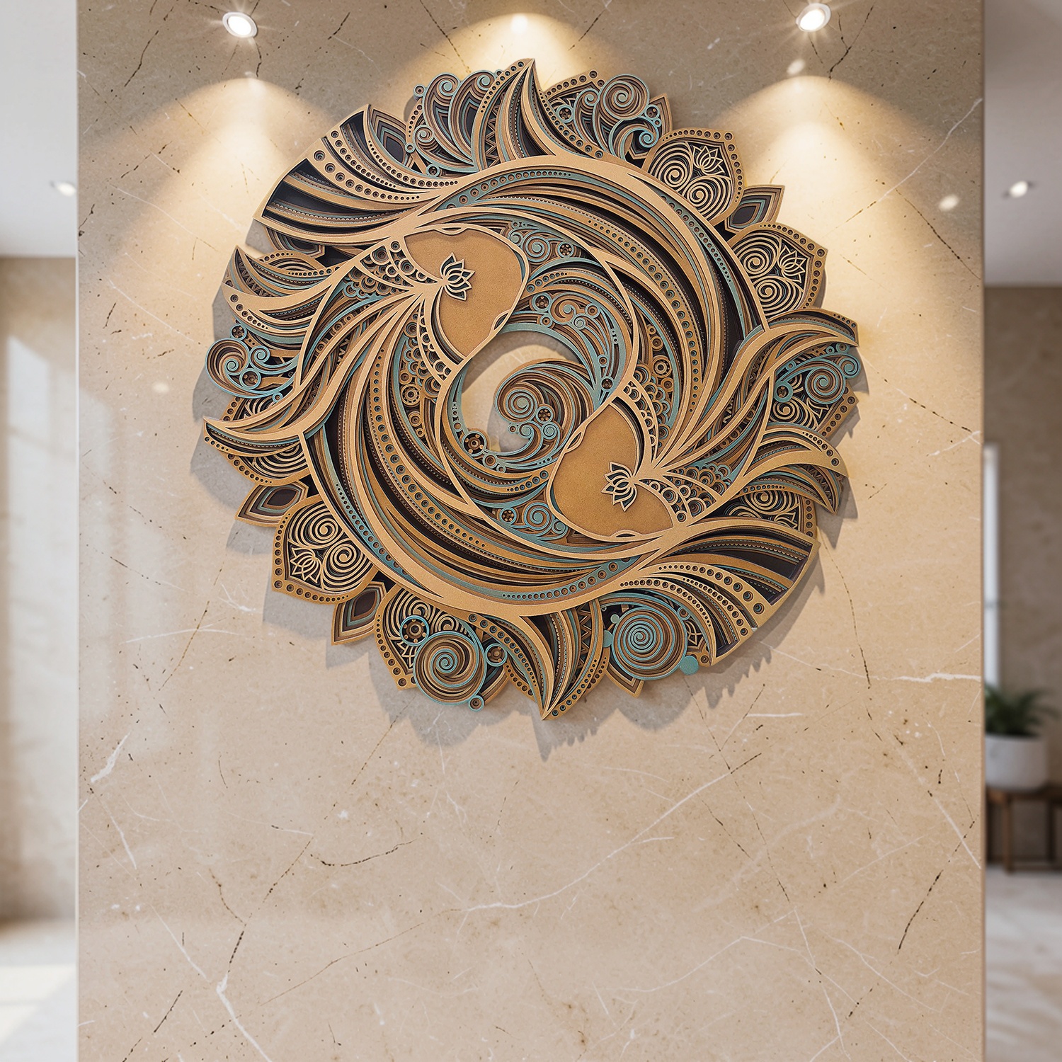 Twin Koi Harmony – 3D Multi-Layered Wooden Mandala Wall Art - Image 7
