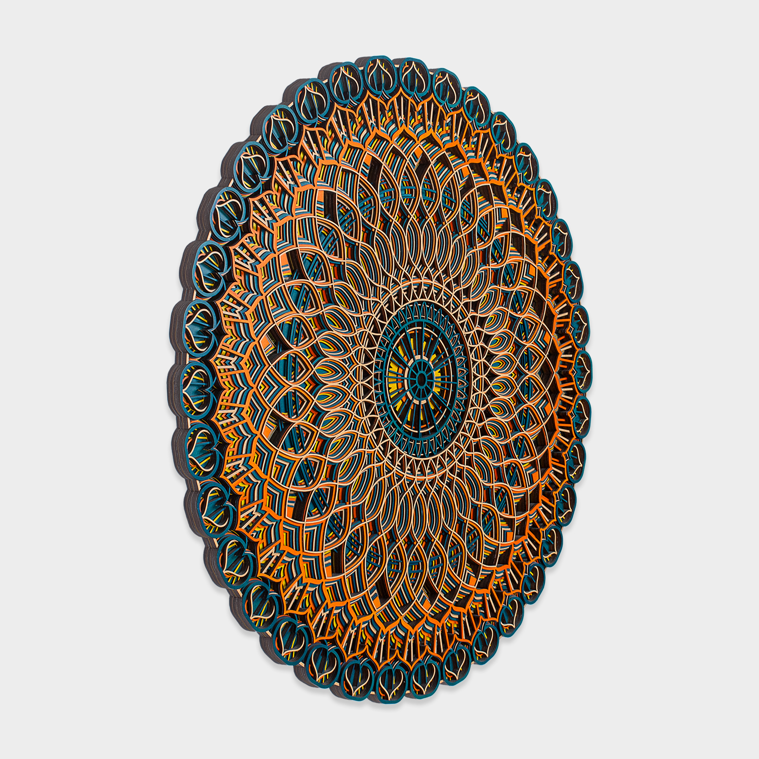 Side view of multi-layered round mandala wall art