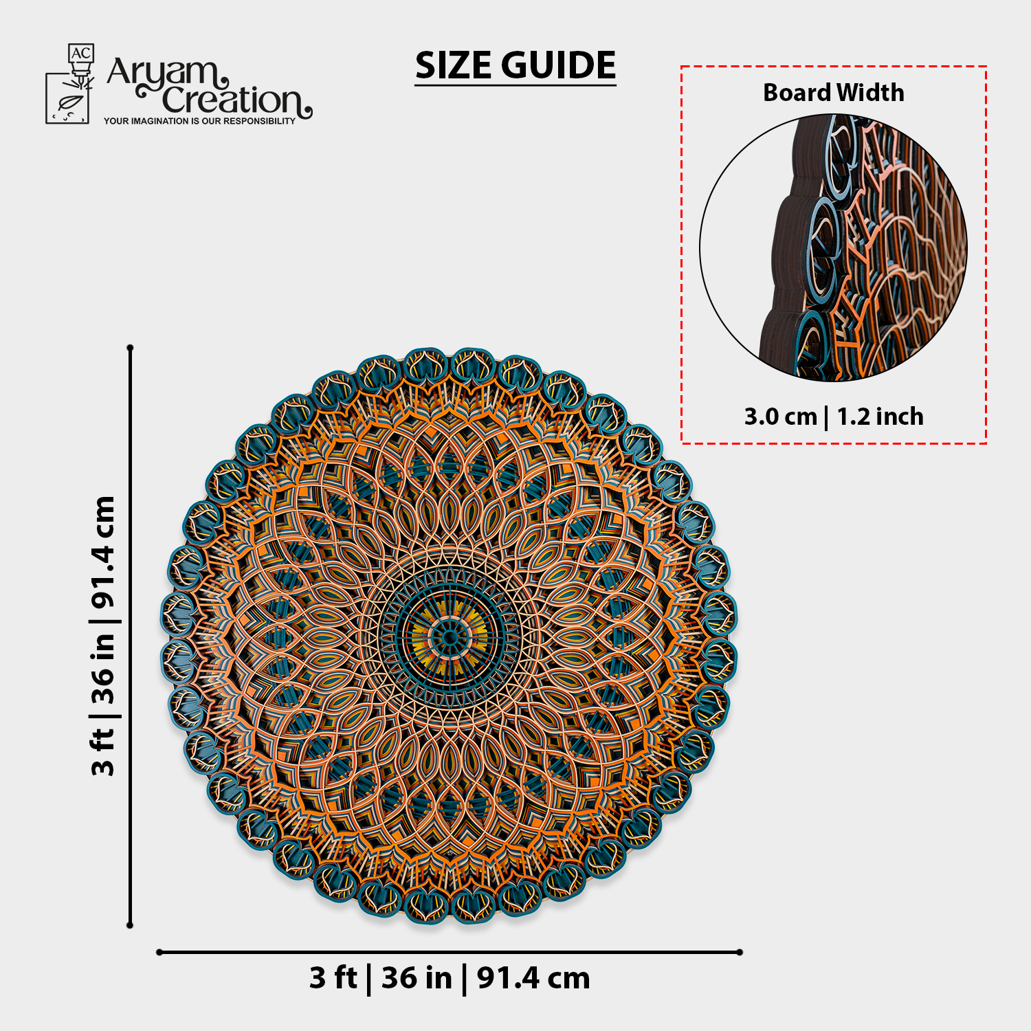 Mandala Royale round wall art size and thickness guide