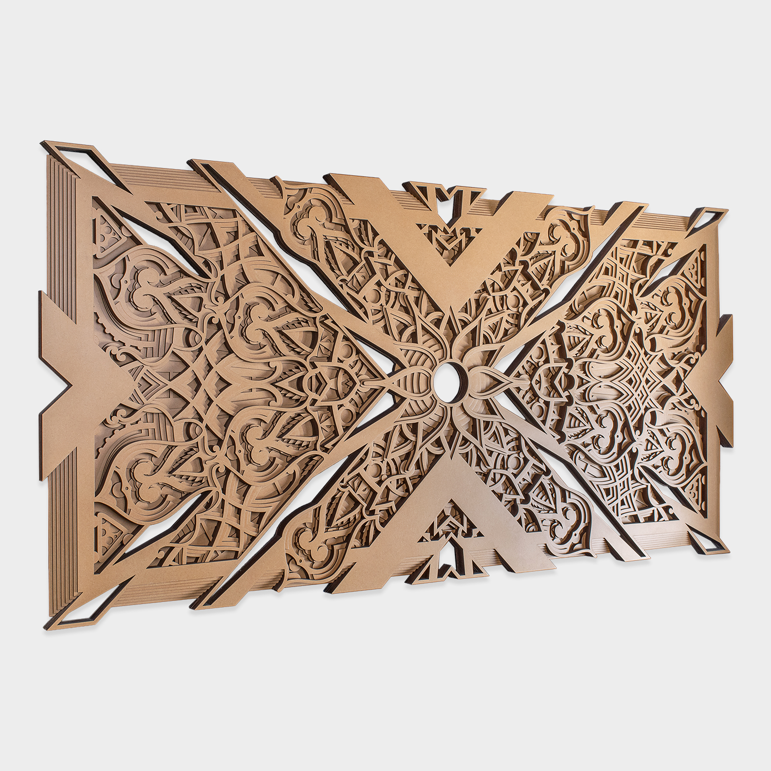 Side view showing the layered construction of geometric wooden wall art