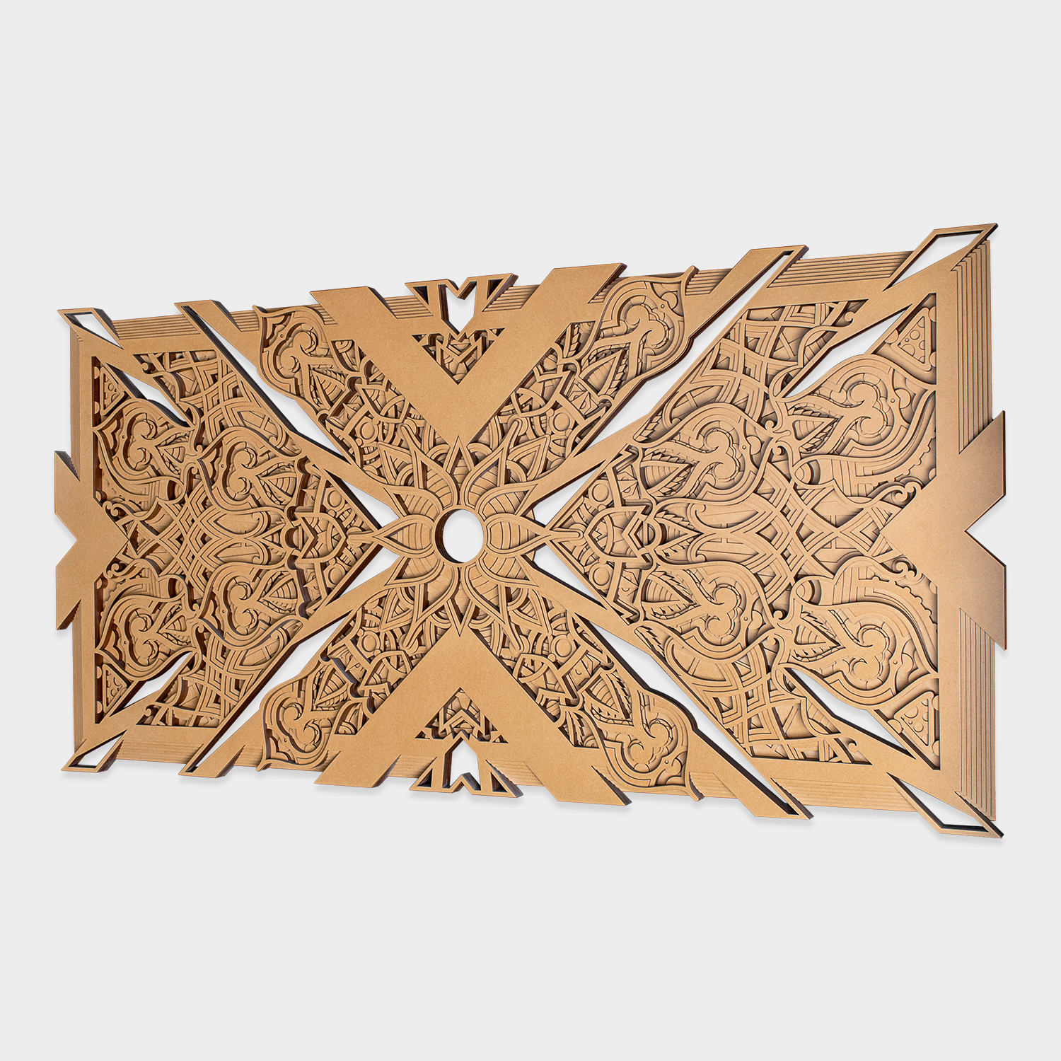 Side view showing the layered construction of geometric wooden wall art