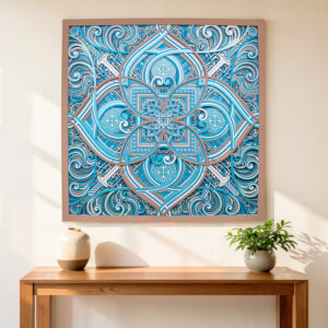 Azure Royale square 3D wall art with intricate turquoise blue and white ornamental patterns