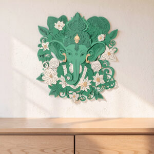 Front view of green 3D Lord Ganesha wall art with ivory flowers and gold accents