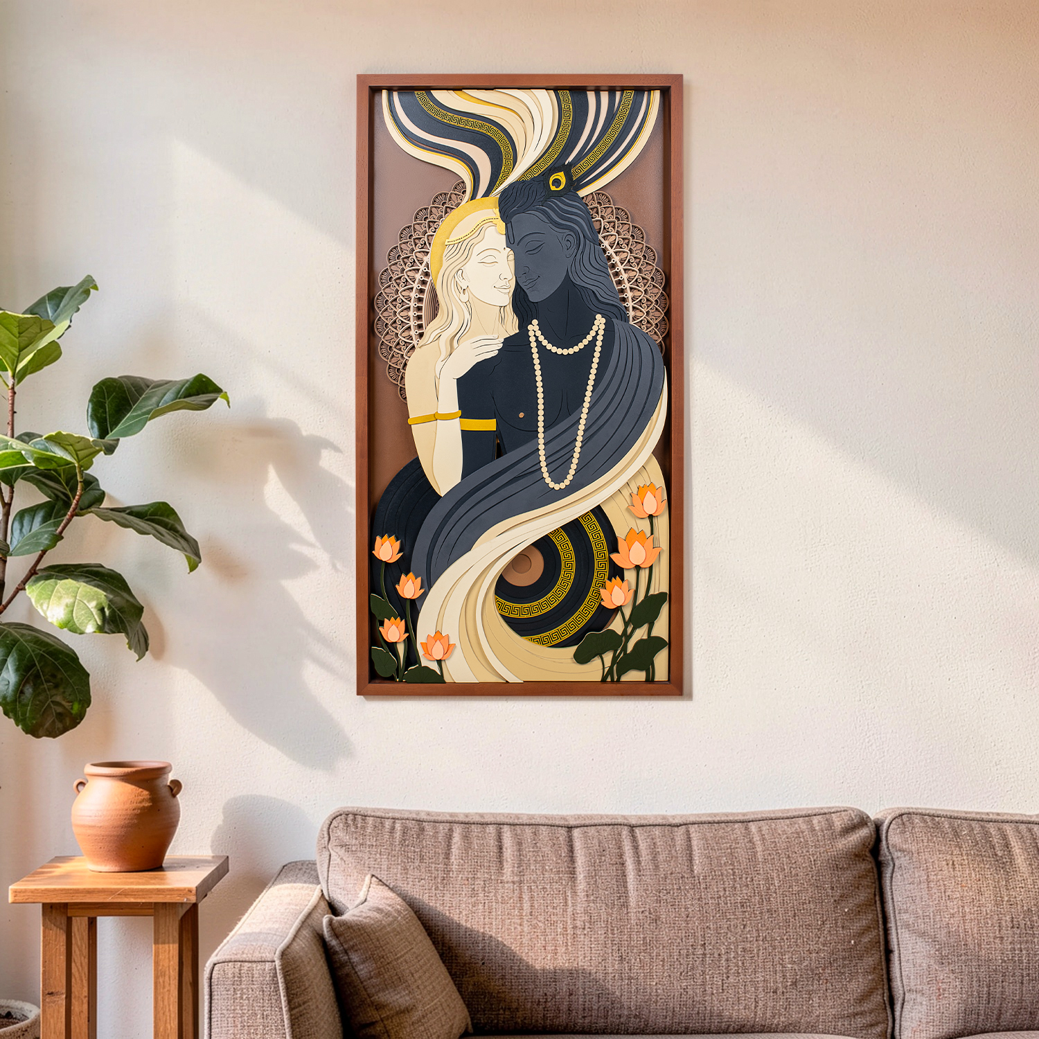 Radha Krishna 3D multi-layered wall art with mandala detailing and lotus flowers