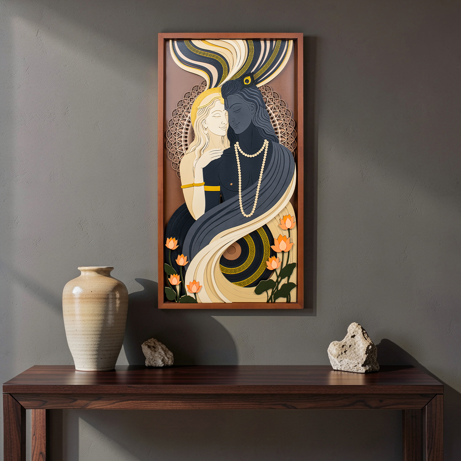 Radha Krishna 3D multi-layered wall art with mandala detailing and lotus flowers