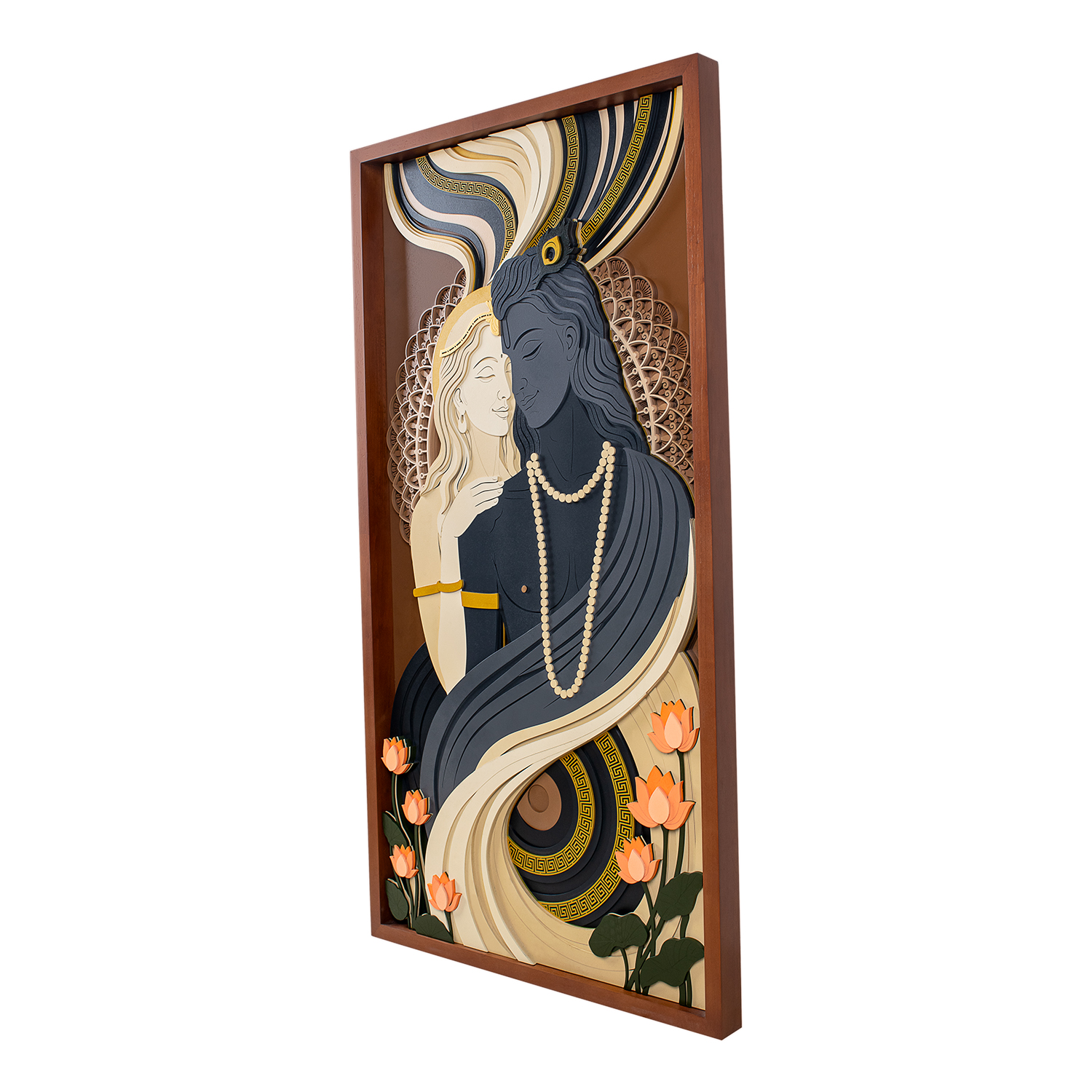 Angled view of framed Radha Krishna layered wall décor showing its 3D depth