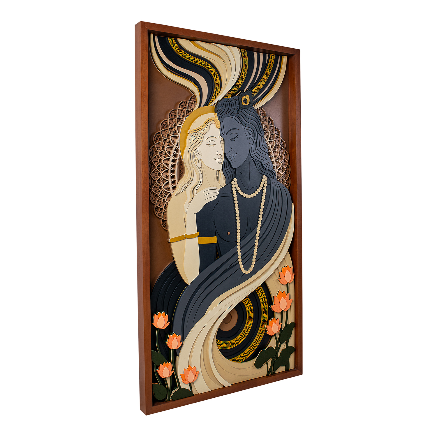 Angled view of framed Radha Krishna layered wall décor showing its 3D depth