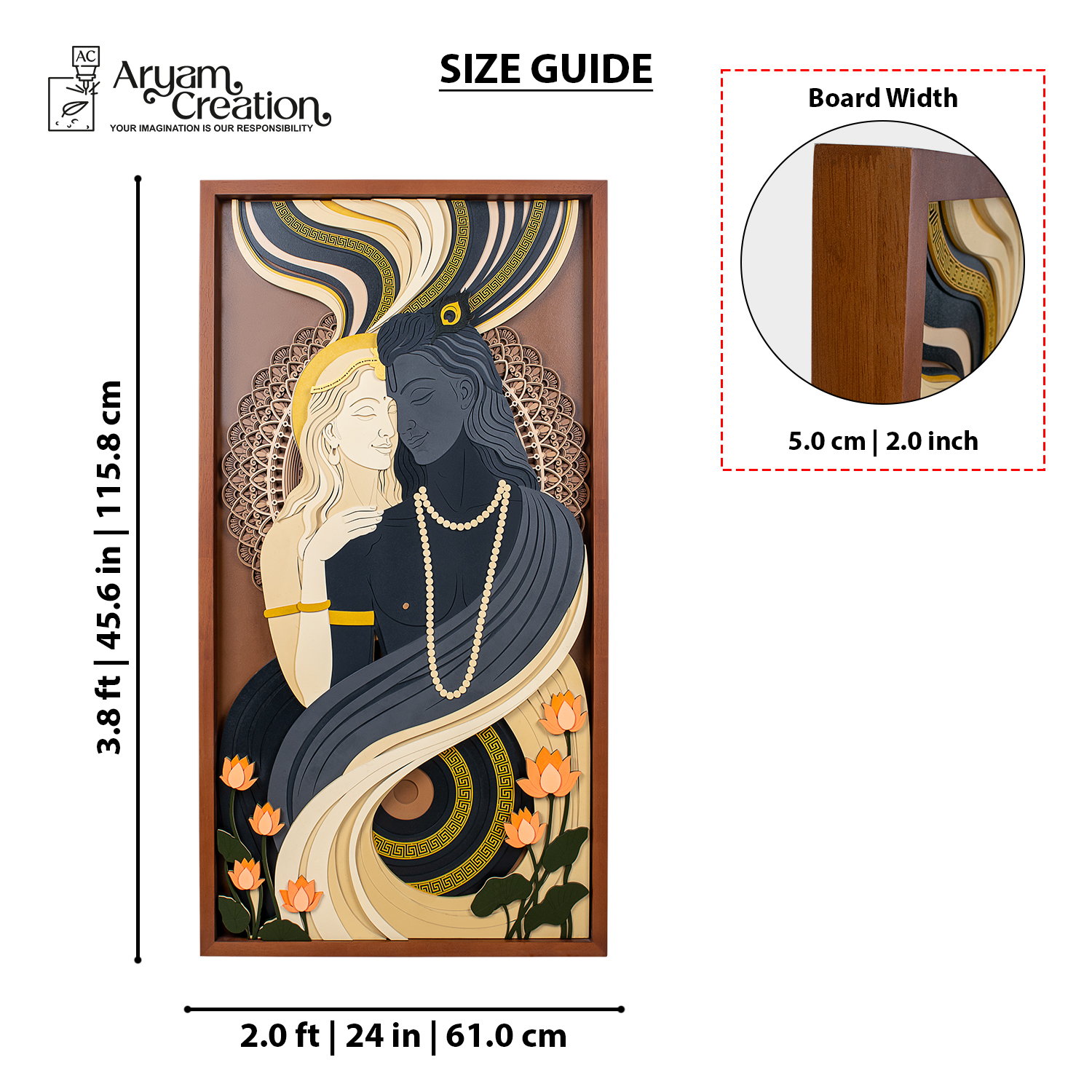 Size guide for Radha Krishna wall art measuring 2 feet by 3.8 feet