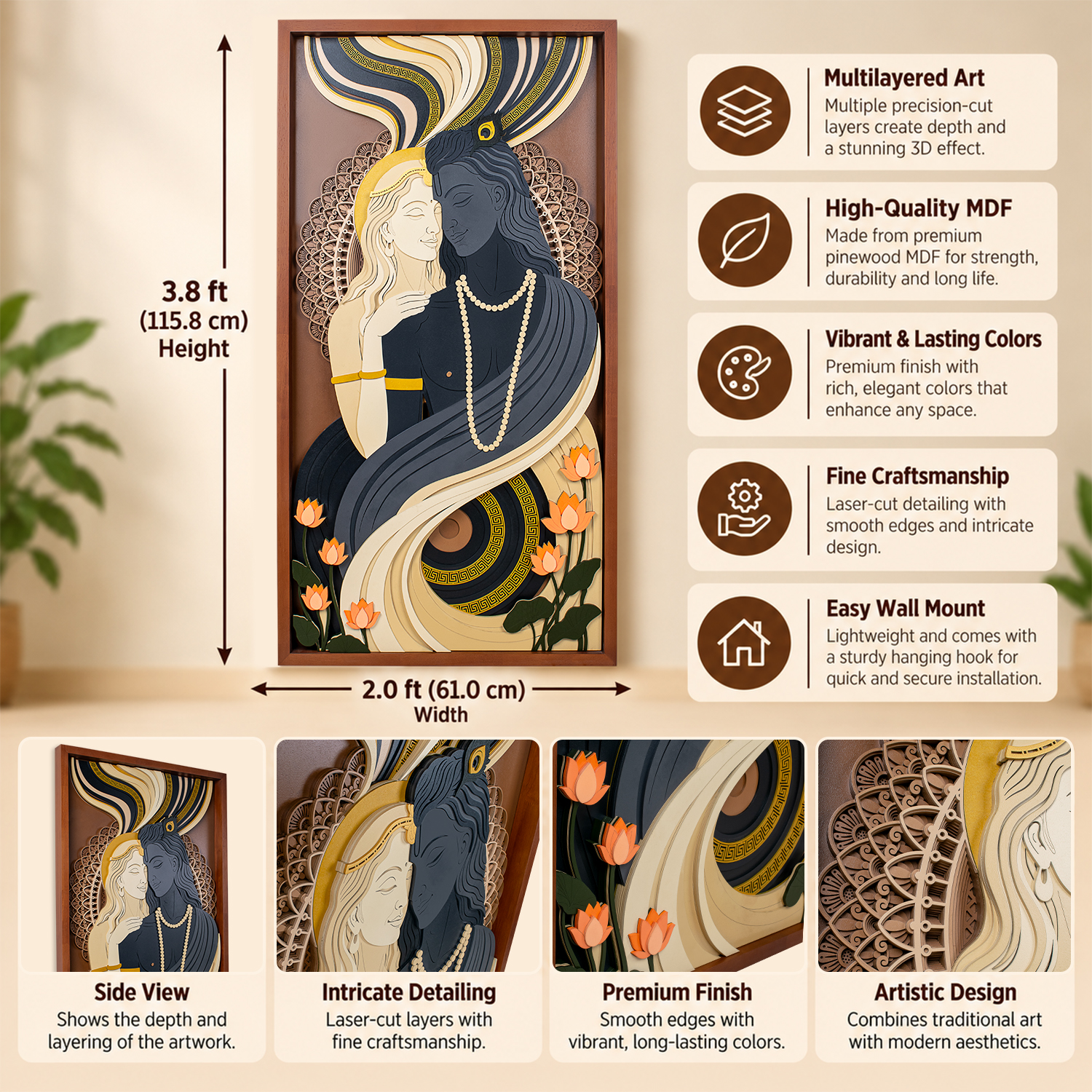 Radha Krishna 3D multi-layered wall art with mandala detailing and lotus flowers