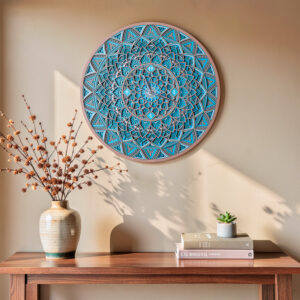 Round turquoise 3D mandala wall clock with layered geometric patterns and rose gold accents